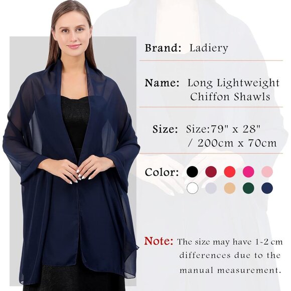 Women Navy Blue Elegant Soft Sheer Chiffon Stole Bride Wedding Shawls and Wraps - Picture 6 of 7
